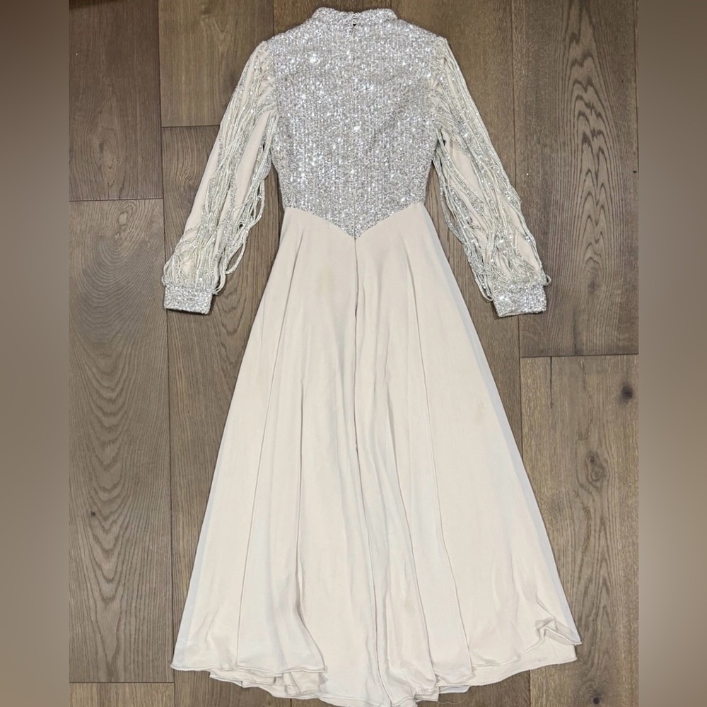 FIDAN Vintage 80s Glam Gown Silver Sequin Bodice w/ Beaded Tassel Sleeves - Picture 4 of 7